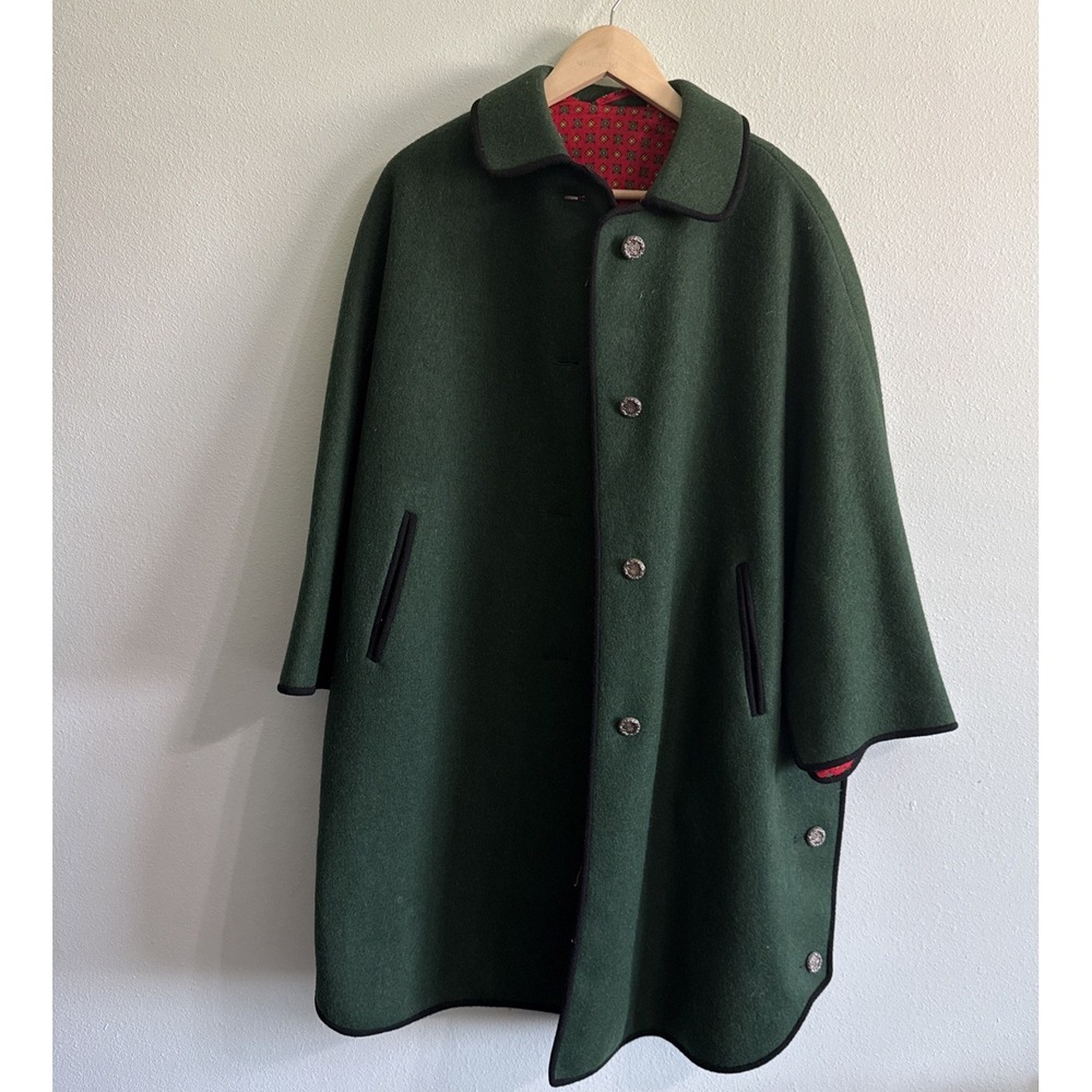 Vintage Bavarian Loden Wool Coat Cape Womens Size 40 Green with Red Lining